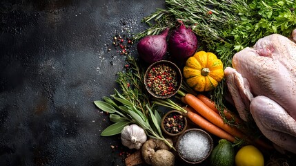Raw whole turkey surrounded by garlic, onions, potatoes, carrots, tomatoes, and fresh herbs. Perfect Thanksgiving dinner preparation ingredients for autumn and holiday cooking.