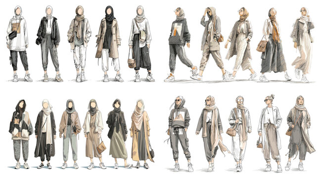 Stylish modest fashion streetwear illustration featuring hijab models in layered outfits, coats, and sneakers. Trendy modern muslim fashion design concept for branding and art.