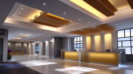 Modern hotel lobby with warm lighting, wooden accents, and stylish furnishings, creating a welcoming atmosphere