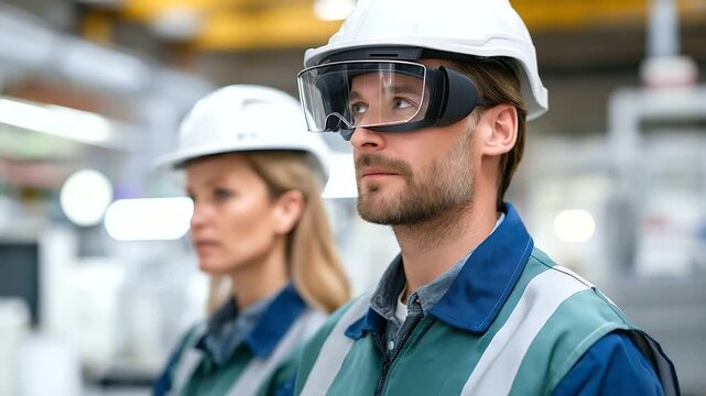 Team using virtual reality for real-time monitoring and process optimization in a smart factory. This technology integration, a key part of Industry 4.0, drives digital transformation