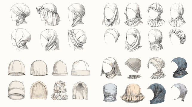 Hand-drawn hijab and headscarf style design set. Fashion sketch showing various wrapping techniques, caps, and under scarves. Ideal for fashion design, textile, and concept art.