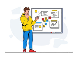 Strategic Thought: An individual, lost in thought, stands before a whiteboard with a strategic planning document displayed. He's on a mission to solve complex ideas with innovation.