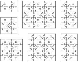 Illustration of seven white puzzles, separate parts