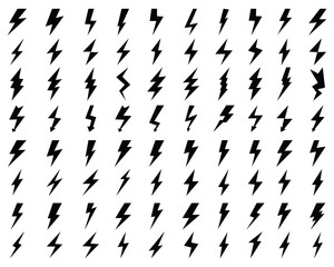 Black icons of thunder and flash lighting on a white background