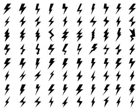Black icons of thunder and flash lighting on a white background
