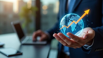 A businessperson's hand holds a glowing globe with an upward trending arrow, signifying global growth.