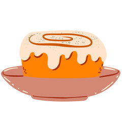 Cinnamon roll on plate. Flat vector illustration