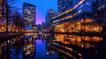 Fototapeta premium Vibrant cityscape at dusk with illuminated skyscrapers reflecting in water, showcasing urban life and architecture