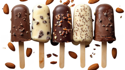 Chocolate glazed vanilla ice cream bar on stick transparent PNG cutout set bundle, isolated background. Almond nuts, dark, milk and white chocolate flavor cue