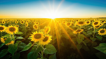 Sunlit Field Sunflowers With Bright