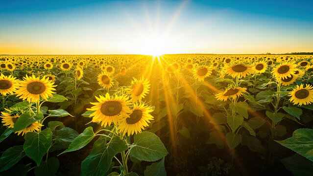 Sunlit field of sunflowers with bright yellow petals and dark brown centers under a clear blue sky at sunrise or sunset - Powered by Adobe