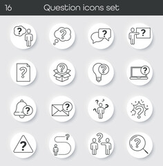 Question icons set with symbols of doubt, help, search, idea, problem, answer, communication, and support. Perfect for FAQ, guide, tutorial, information, and customer service design projects. Vector