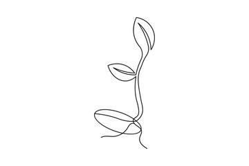 Minimalist continuous one line drawing of a growing plant sprout with leaves on white background