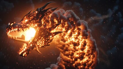 Giant dragon head roaring flames, breathing nuclear fireball explosion, smoke sparks trailing, glowing ember particles, dark fantasy cinematic scene, black background, ultra sharp 4k realism - Powered by Adobe