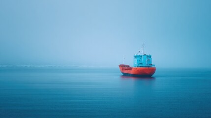 Calm waters surround vibrant boat, enveloped in soft foggy atmos