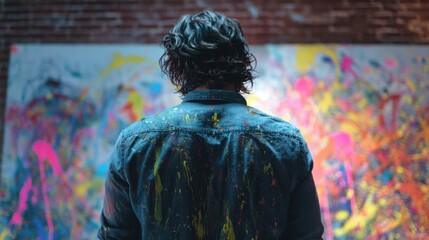 Obraz premium Person Facing Abstract Painting With Paint-Splattered Shirt