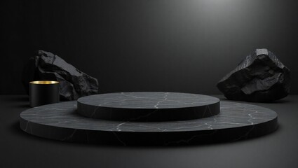 Dark abstract stage with textured circular platforms and rocks