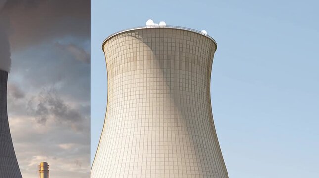 Visual comparison of a massive old-school nuclear power plant with cooling towers versus a modern compact SMR, highlighting innovation in clean energy.
