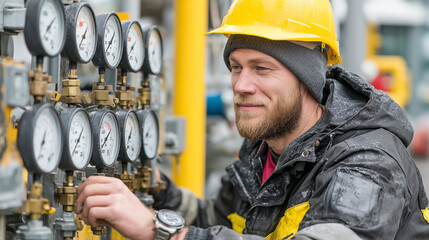 Worker adjusts pressure gauges at an industrial facility during daytime operations