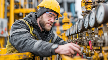Worker adjusting pressure gauges at an industrial site during daytime