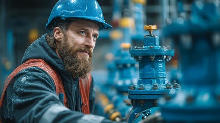Skilled worker in safety gear inspecting industrial valves in a manufacturing facility during the daytime