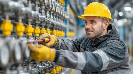 Worker repairs machinery in industrial facility during daytime with focus on safety and efficiency