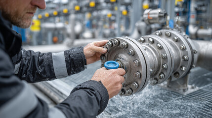 Worker inspecting pipeline valve in industrial facility during water flow test on a rainy day