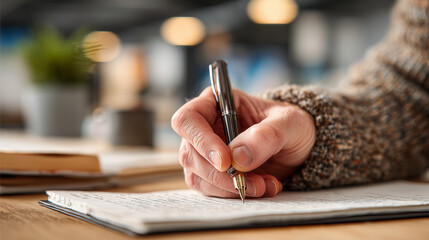 Person writing notes at a wooden table in a cozy workspace with a pen and notebook surrounded by soft lighting