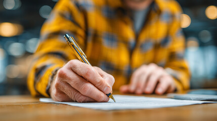 Individual writing notes with a pen on paper in a cozy workspace during the afternoon