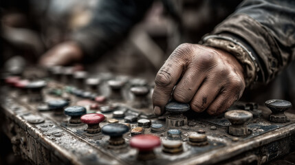 Worker operating machinery controls at construction site during daylight to manage equipment functions safely