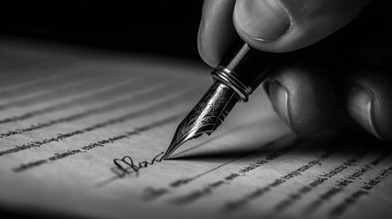 Handwriting a heartfelt letter on classic parchment paper with a fountain pen at night