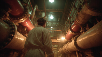 Worker explores industrial facility with large pipes and dim lighting in an underground environment during nighttime