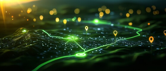 A digital landscape with glowing neon markers and interconnected lines, resembling a futuristic map or navigation system.
