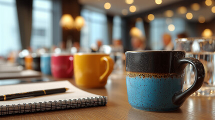 Colorful coffee mugs arranged on a conference table during a meeting with blurred participants in the background