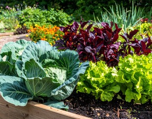 Vegetable garden bounty: Cabbage, lettuce, and herbs thriving in raised bed