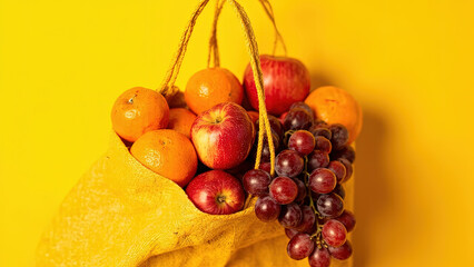 Yellow fabric bag filled with oranges red apples and red grapes against a solid yellow background with rope handles