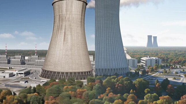 Visual comparison of a massive old-school nuclear power plant with cooling towers versus a modern compact SMR, highlighting innovation in clean energy.

