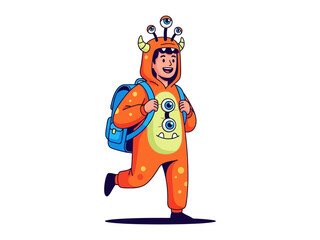 Joyful Monster: A young individual, adorned in a vibrant monster costume, gleefully struts with a backpack, epitomizing the fun-filled spirit of creative self-expression.