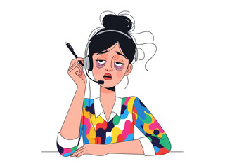 Fototapeta premium Exhaustion and Overwork: A tired woman, burdened by the weight of fatigue, leans wearily with headset and pen, expressing the emotional toll of demanding work and stress.