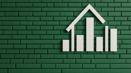 White bar graph and house icon on a green brick wall background.
