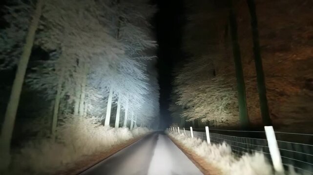 Night Forest Drive &ndash; Speeding Car on Frosted Tree-Lined Road with Timelapse Motion