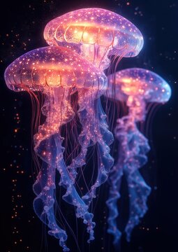 Glowing Bioluminescent Jellyfish in Deep Ocean with Neon Lights
