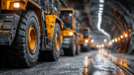 Heavy machinery lined up in a mining tunnel illuminated by lights during early morning hours