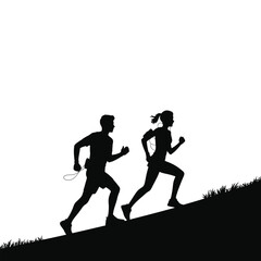 Silhouettes of two runners ascending a grassy incline, symbolizing endurance, strength, and shared determination in a minimalist outdoor scene