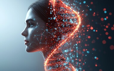 Futuristic depiction of a woman's profile with a glowing DNA strand and digital elements.