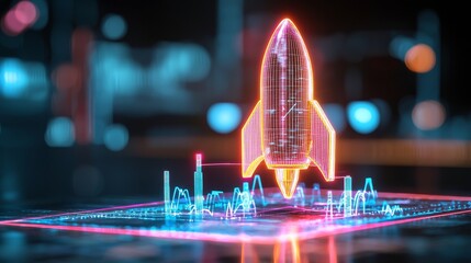 Neon hologram of a rocket launching from a digital interface with futuristic graphics.
