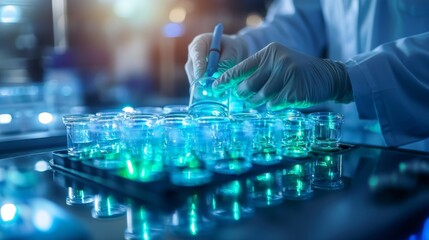 Obraz premium A scientist in gloves works with laboratory equipment under blue lighting.