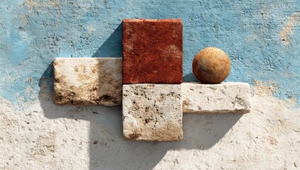 Geometric blocks in complementary colors on a textured wall