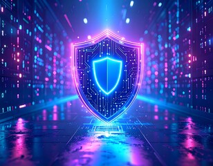 Futuristic digital shield in a vibrant server room