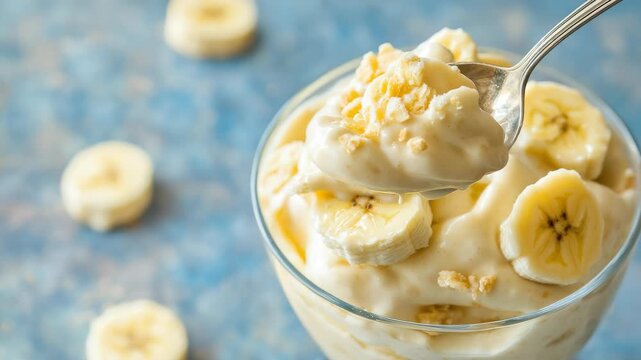 Creamy banana pudding with fresh slices and crunchy toppings in glass bowl